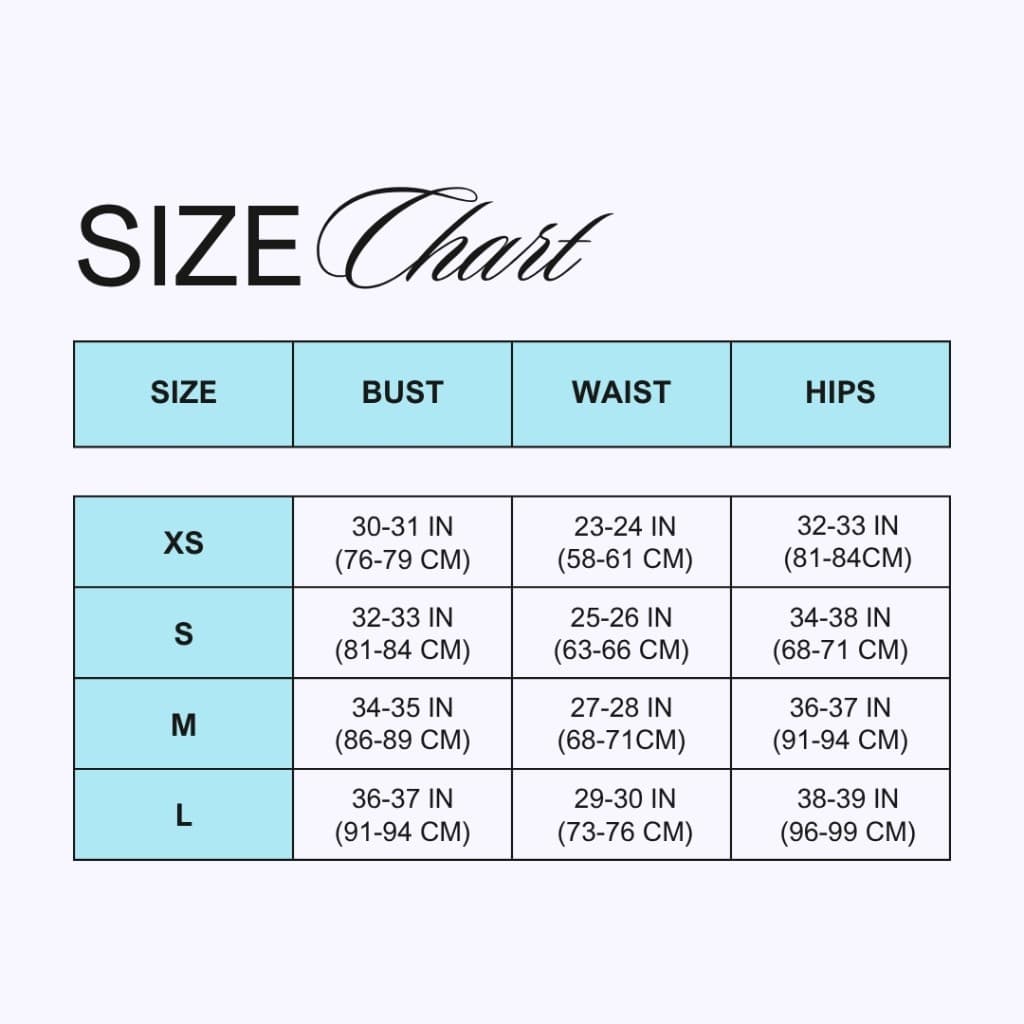 Luana size chart — bust, waist, and hips for sizes XS to L